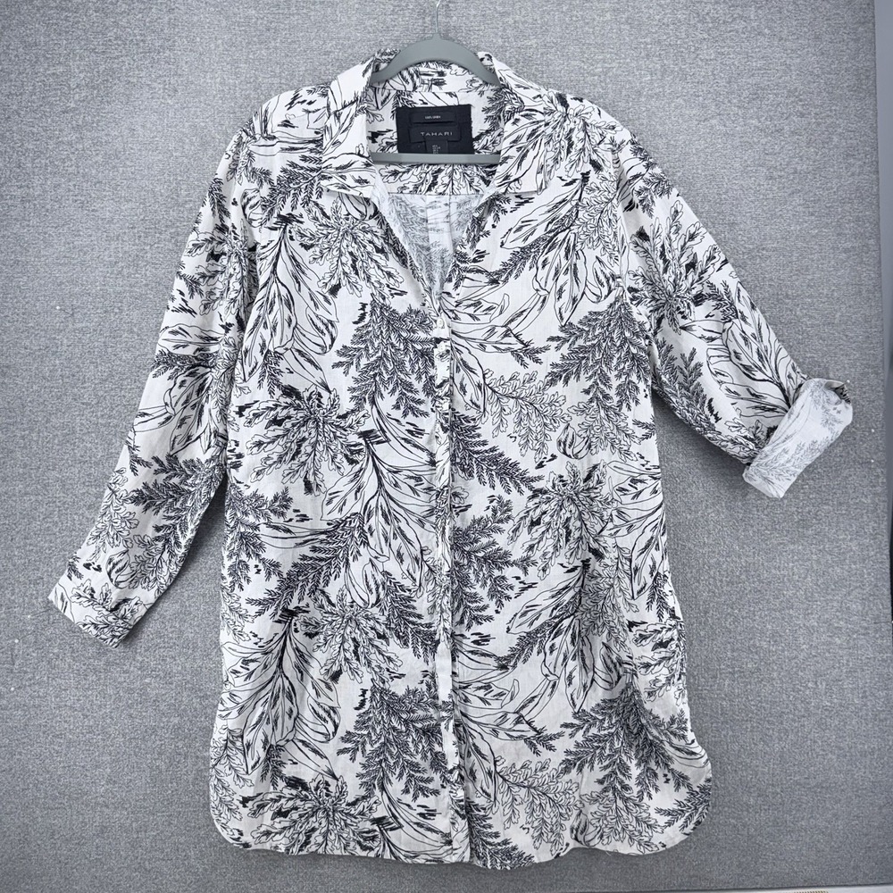 Tahari Linen Shirt Dress Women Large White Botanical Foliage Roll Tab Sleeve